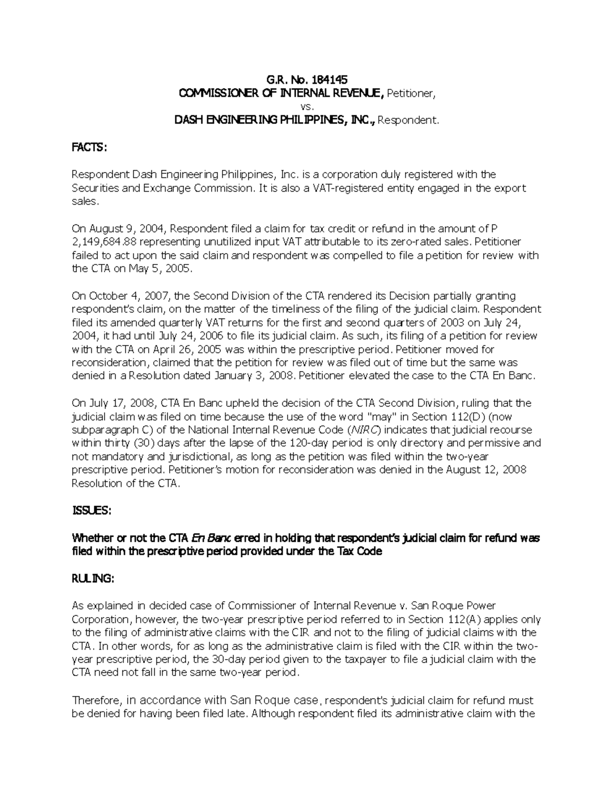 Case Digest Cir V. Dash G.r. No. 184145 - G. No. 184145 Commissioner Of 