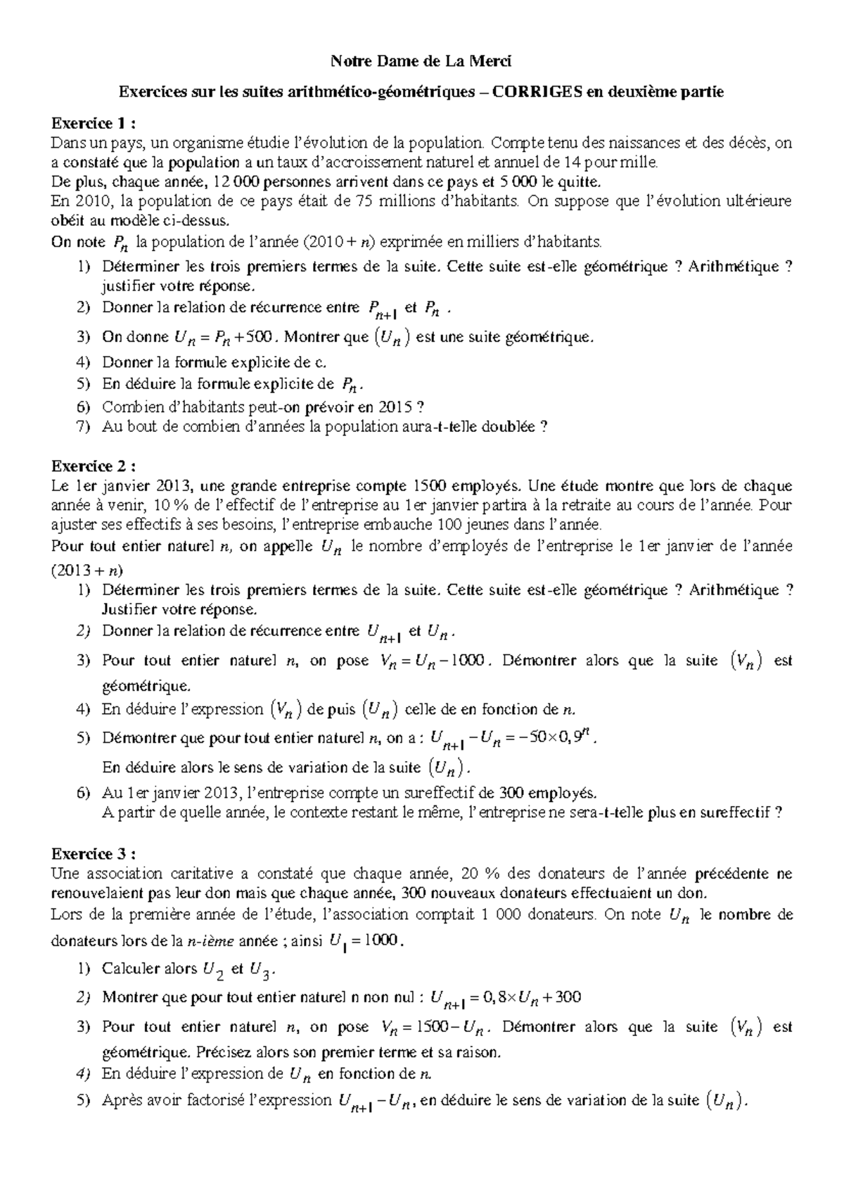 Exercices sur les suites arithmético-géométriques - Corrige - Notre ...