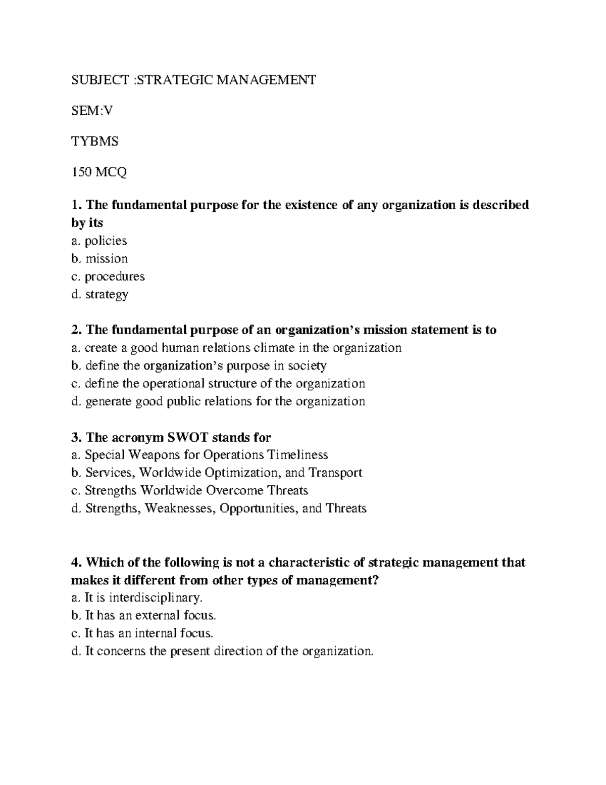 Strategic Management Question Bank - SUBJECT :STRATEGIC MANAGEMENT SEM ...