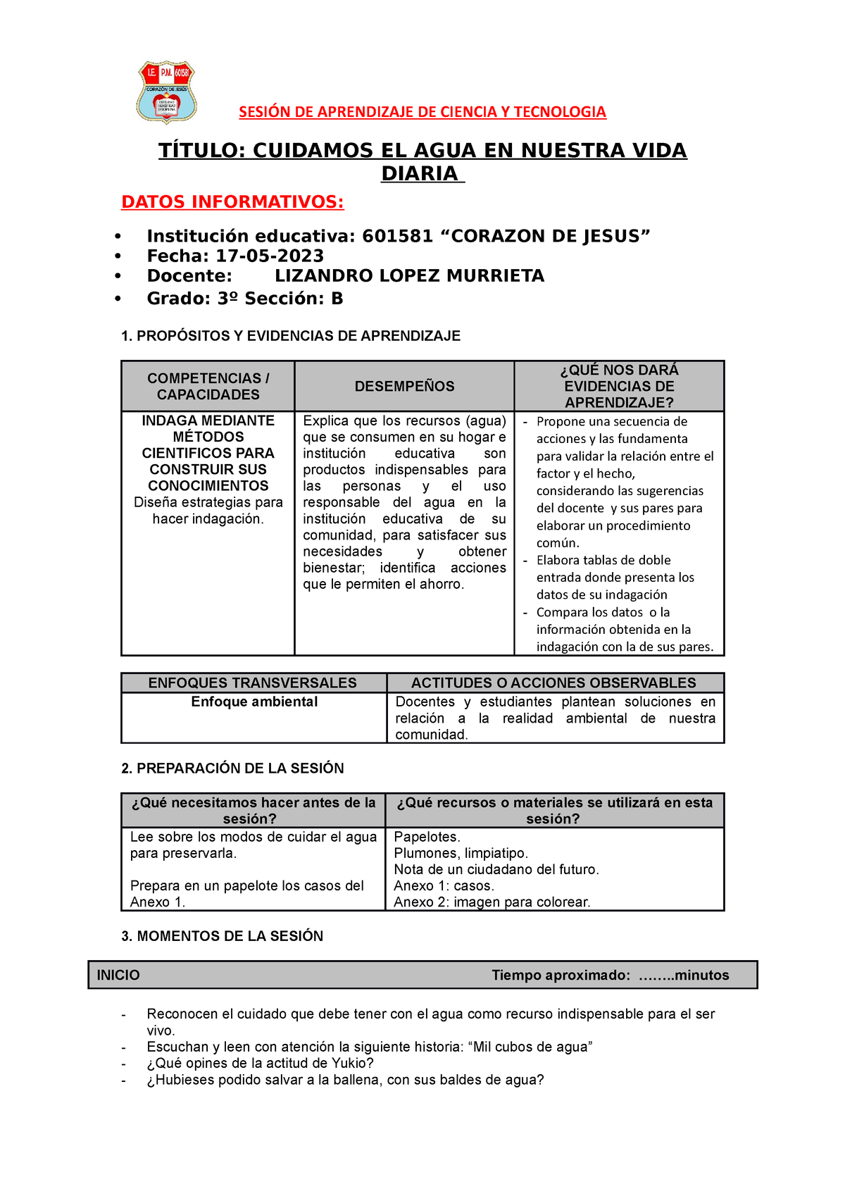 Sesión DE Aprendizaje DE Ciencia Y Tecnologi 1 - SESIÓN DE APRENDIZAJE ...