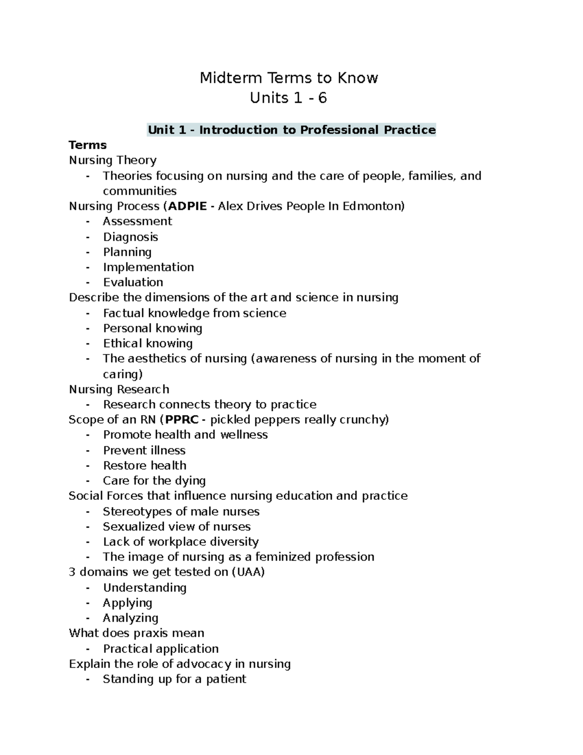 CNUR 102 - Midterm - terms to know - Midterm Terms to Know Units 1 - 6 ...