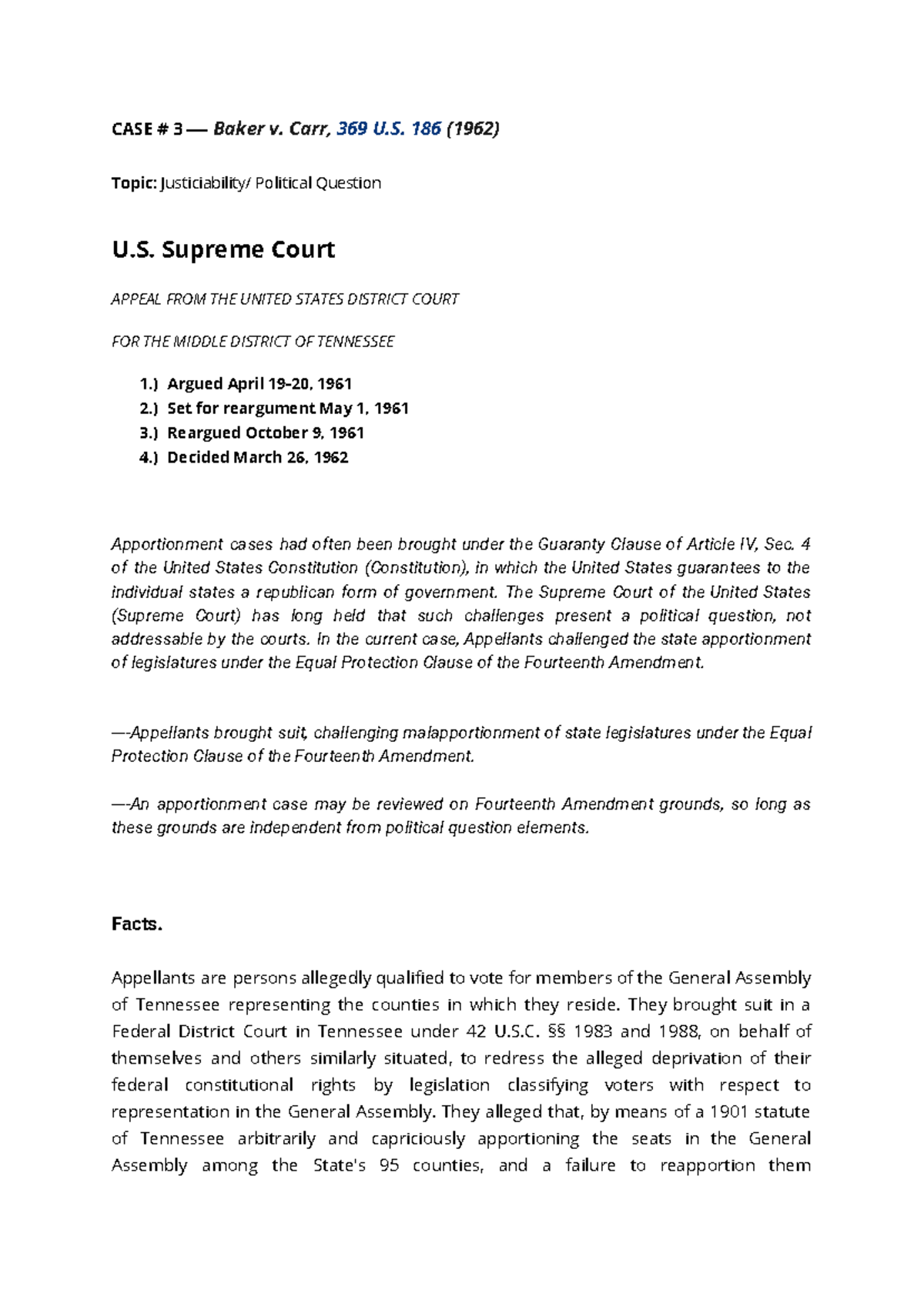 3. Baker v. Carr Case Digest CASE 3 Baker v. Carr, 369 U. 186