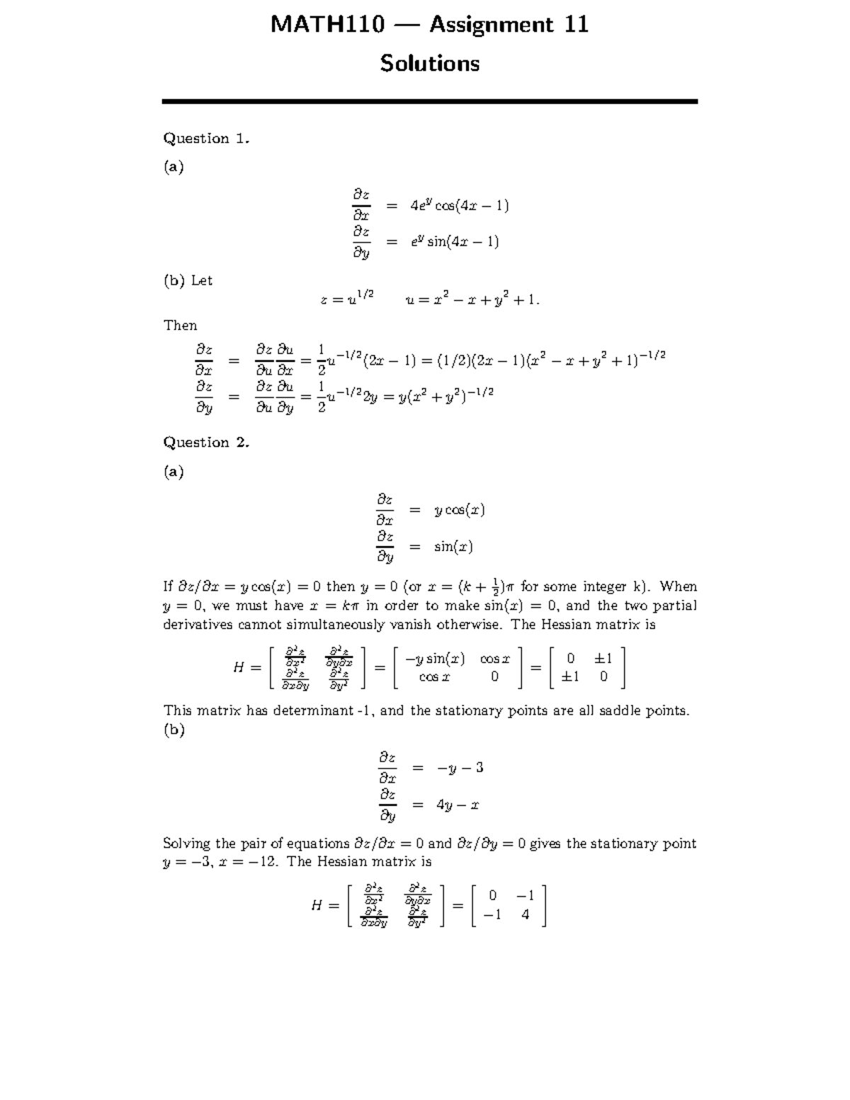 Introductory Mathematical Methods Assignment 11 - Solutions - MATH110 ...
