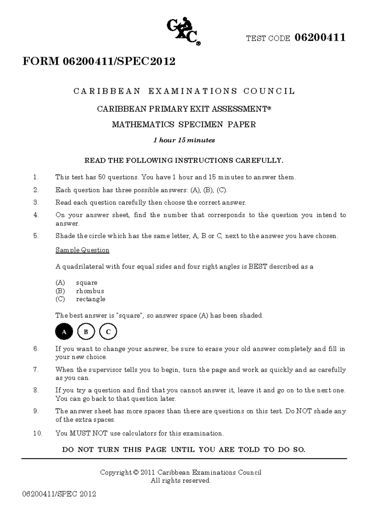 CXC Mathematics paper 1 2012 - TEST CODE 06200411 FORM 06200411/SPEC C ...