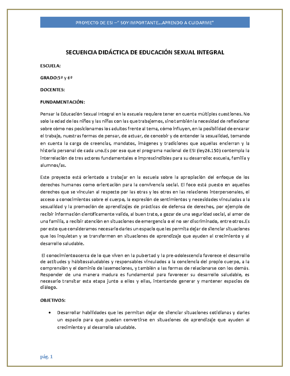 Proyecto De Educación Sexual Integral 5to Y 6t0 2 Secuencia DidÁctica De EducaciÓn Sexual 2876