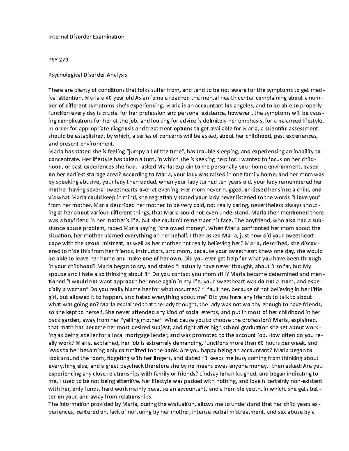 PSY 270 final paper Psychological Disorder Analysis 1 - Internal ...