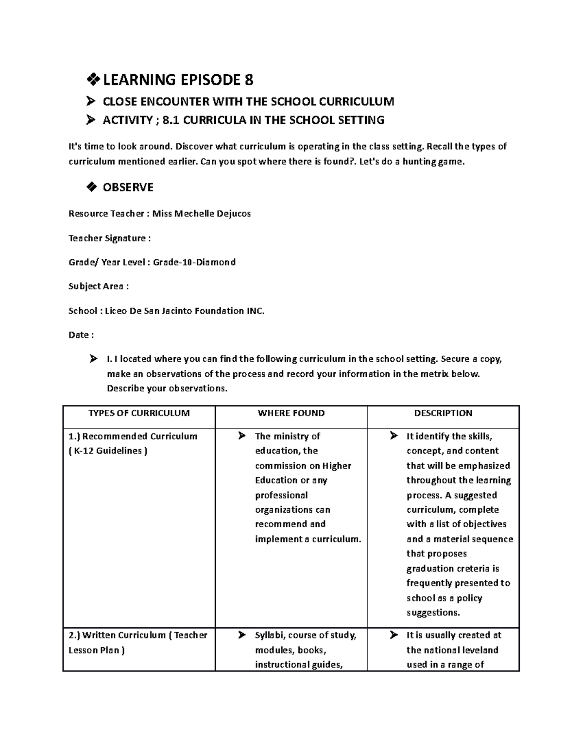 FS8 Nothing LEARNING EPISODE 8 CLOSE ENCOUNTER WITH THE SCHOOL CURRICULUM ACTIVITY ; 8 Studocu