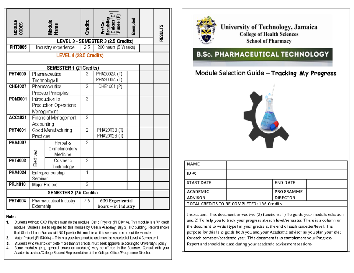BSc. in Pharmaceutical Technology - Module Selection Guide with Pre ...