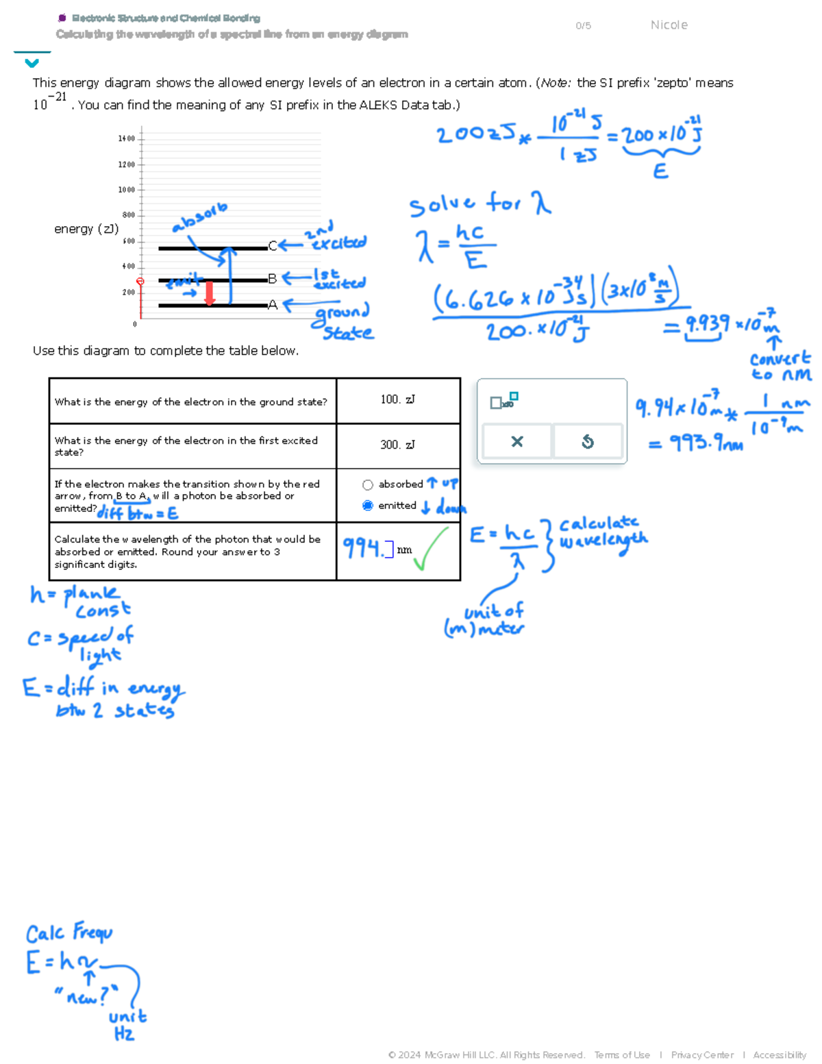 Aleks Calculating the wavelength of a spectral line from an energy