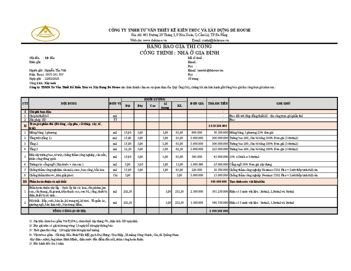 Dự trù CP phần thô Mr Hảo 22.02.2023 - Gửi đến : Mr Hảo Mã số thuế ...