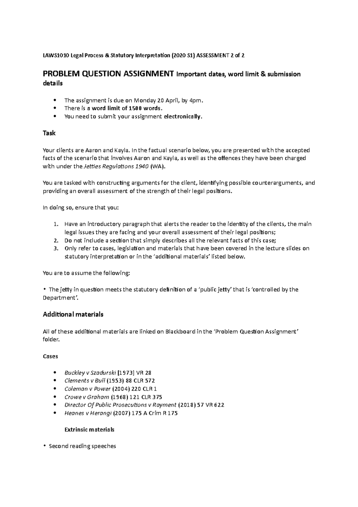 Problem Question Final Laws1000 Legal Process And Statutory Studocu