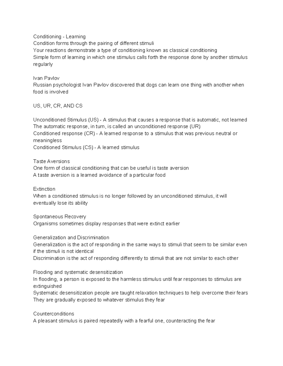Conditioning Notes - Conditioning - Learning Condition forms through ...