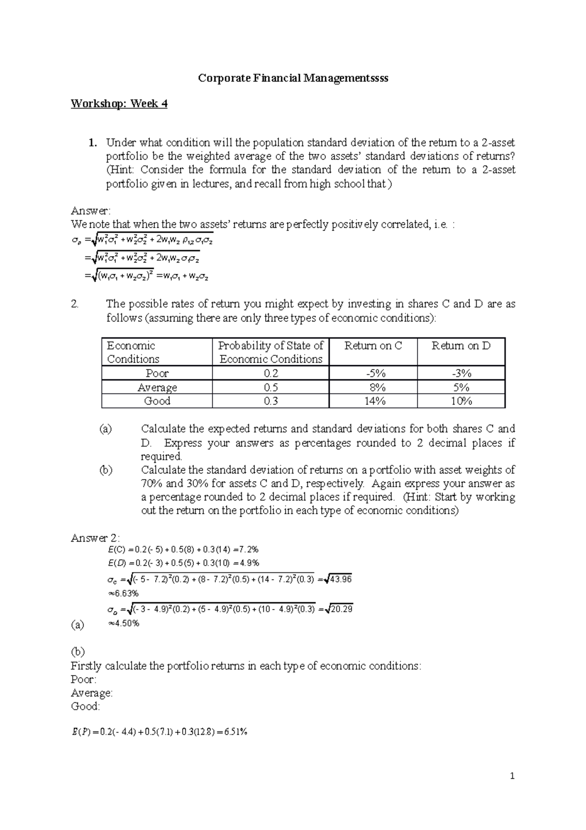 Answers For Week 4 In Class Quiz - Corporate Financial Managementssss ...