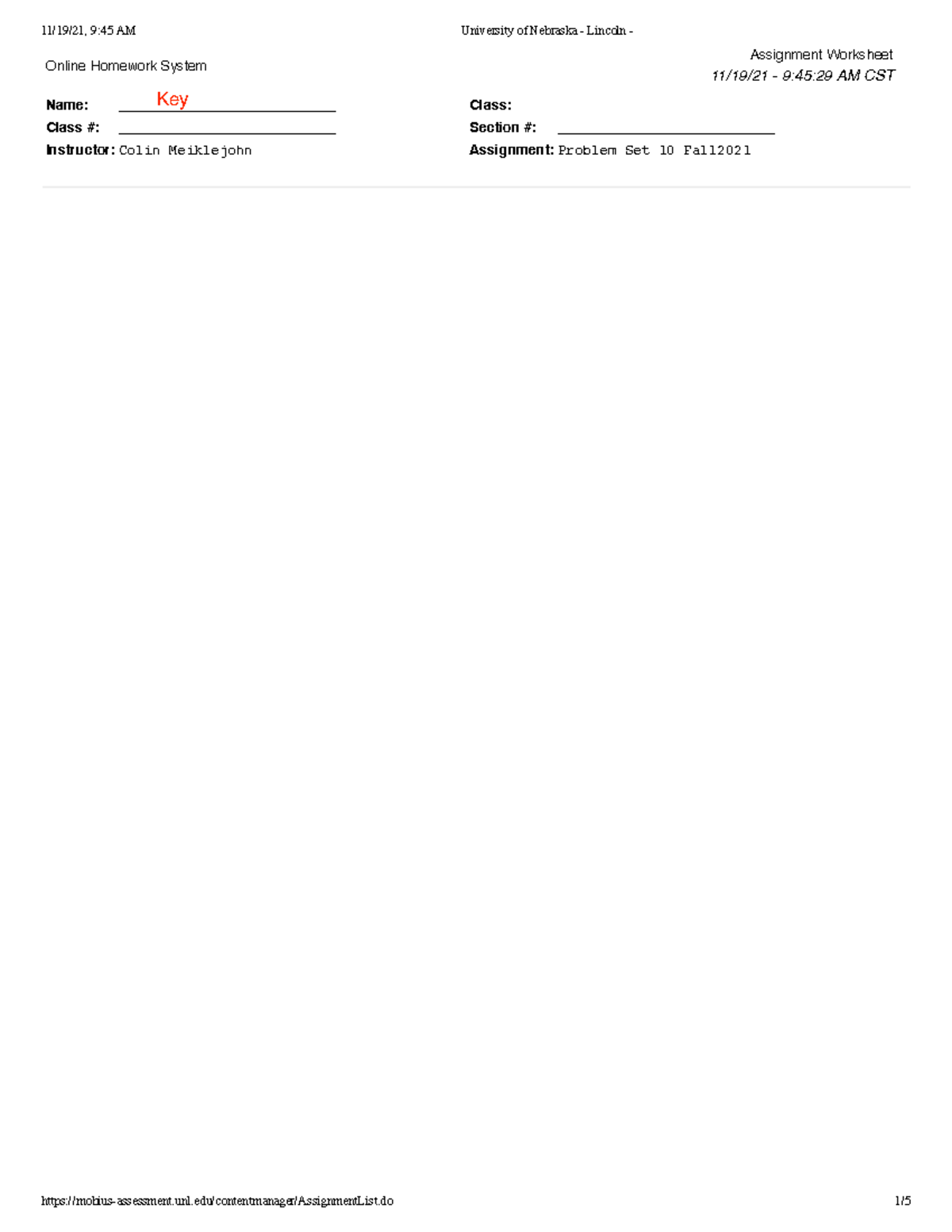 Problem set 10 Fall2021 key - Online Homework System Assignment ...