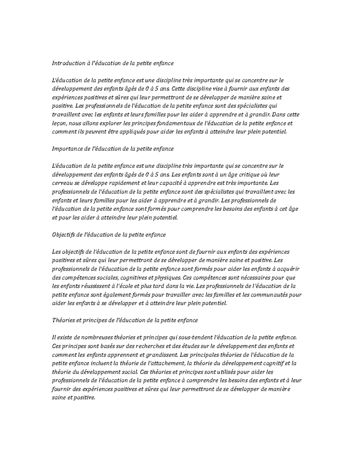 Early Childhood Education Study Notes Introduction à l'éducation de