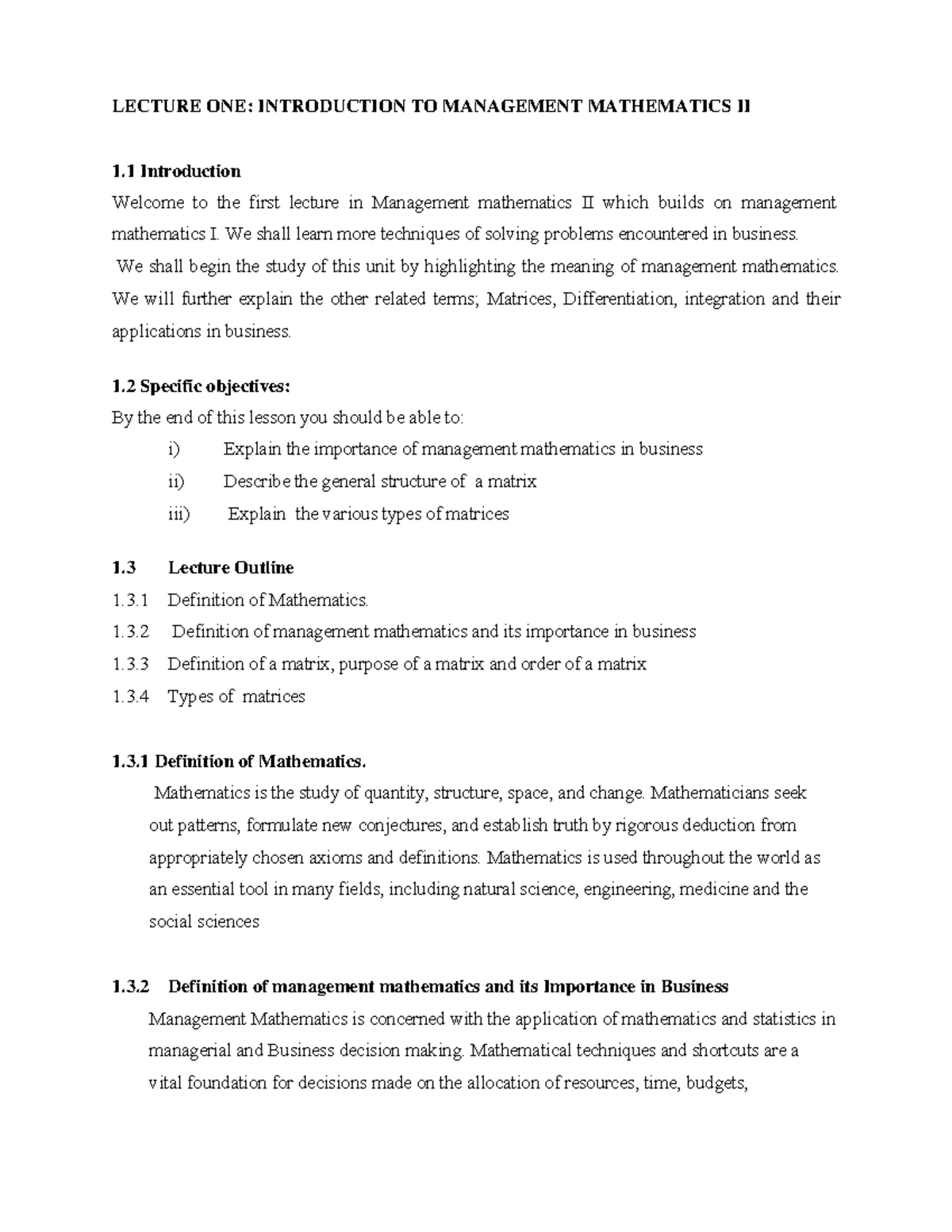 Lecture 1 Introduction - LECTURE ONE: INTRODUCTION TO MANAGEMENT ...