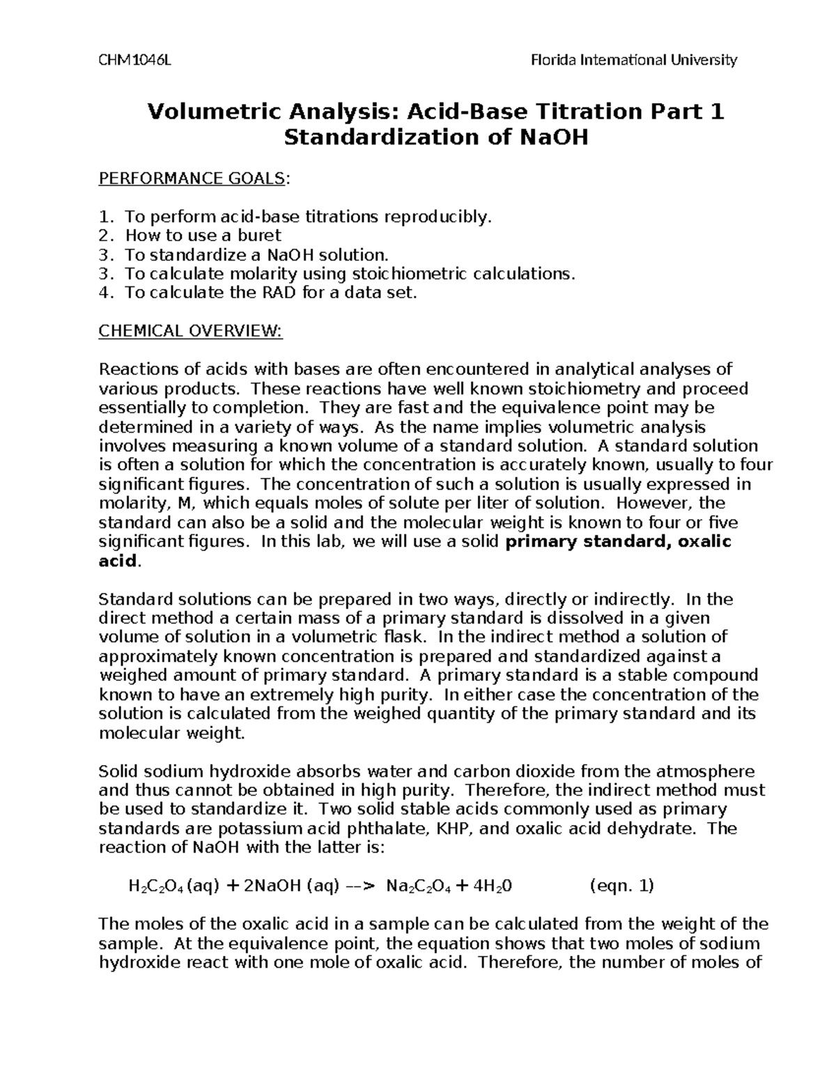 Titration Standardization of Na OH Volumetric Analysis AcidBase