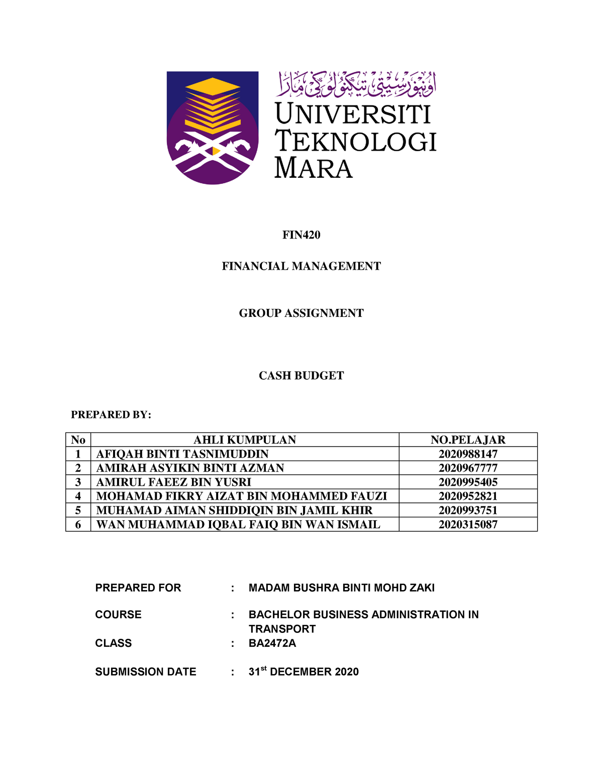 cash budget assignment