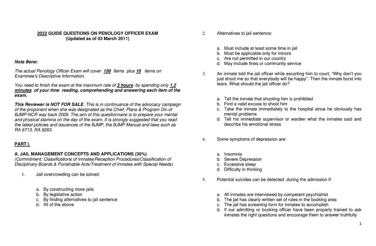 Penology Exam Reviewer - 2022 GUIDE QUESTIONS ON PENOLOGY OFFICER EXAM ...