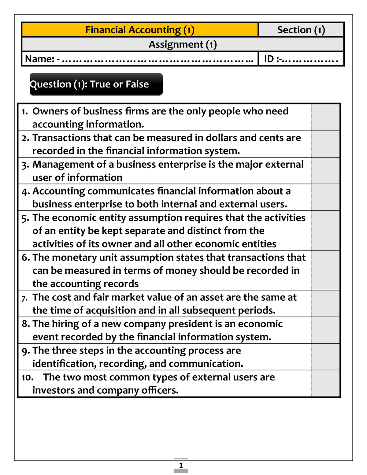 Assignment (1) Fin ACC - 1 Financial Accounting (1) Section (1 ...