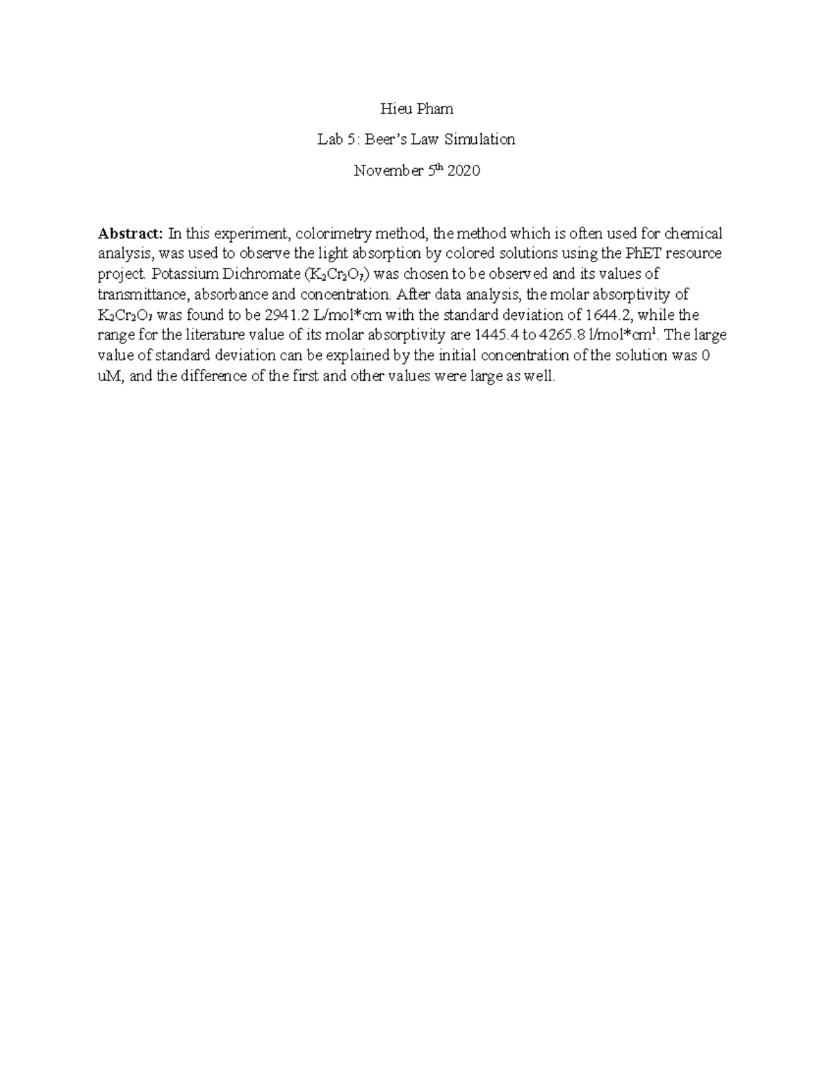 Beer's Law Simulation Lab Report Hieu Pham Lab 5 Beer’s Law