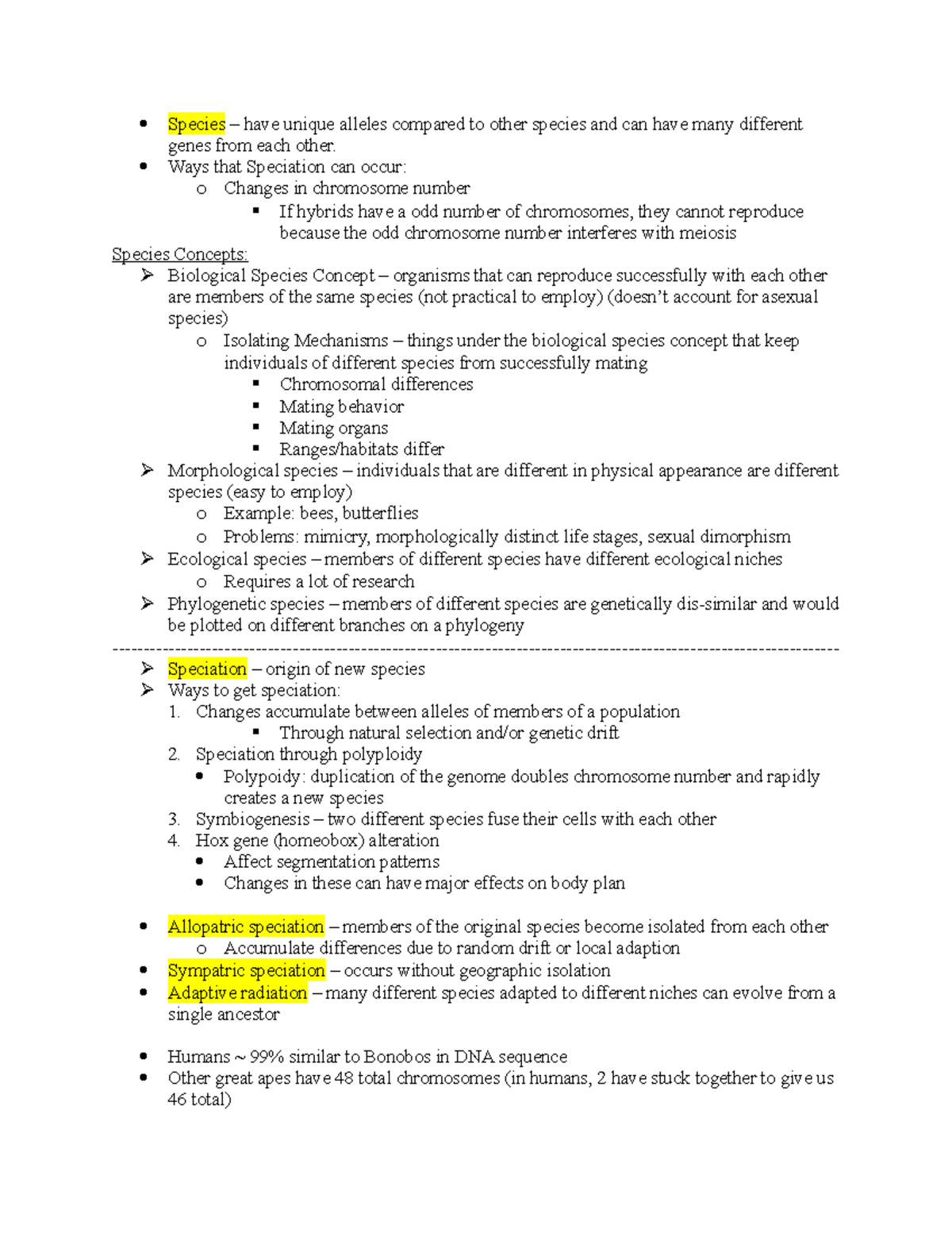 Biology II Speciation Notes - Species – have unique alleles compared to ...