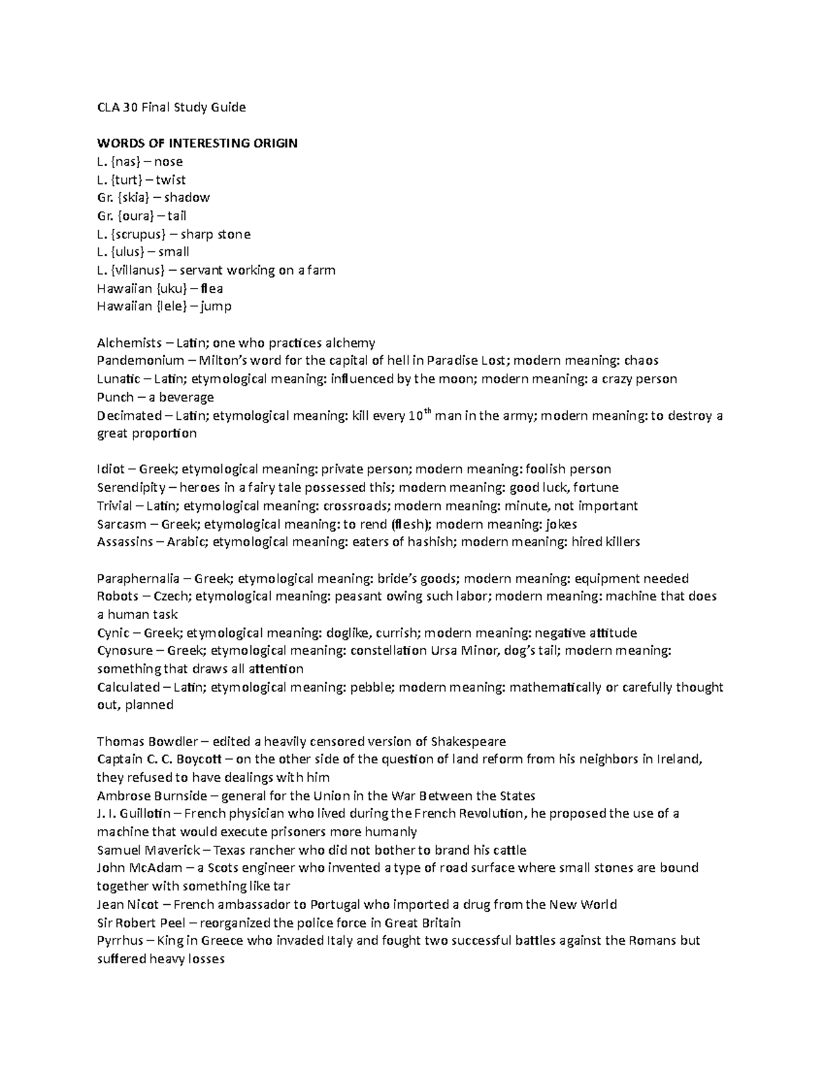 CLA 30 Final Study Guide CLA 30 Final Study Guide WORDS OF