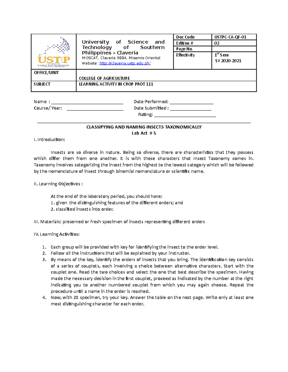 Laboratory No. 5 This will give you ideas on performance tasks that