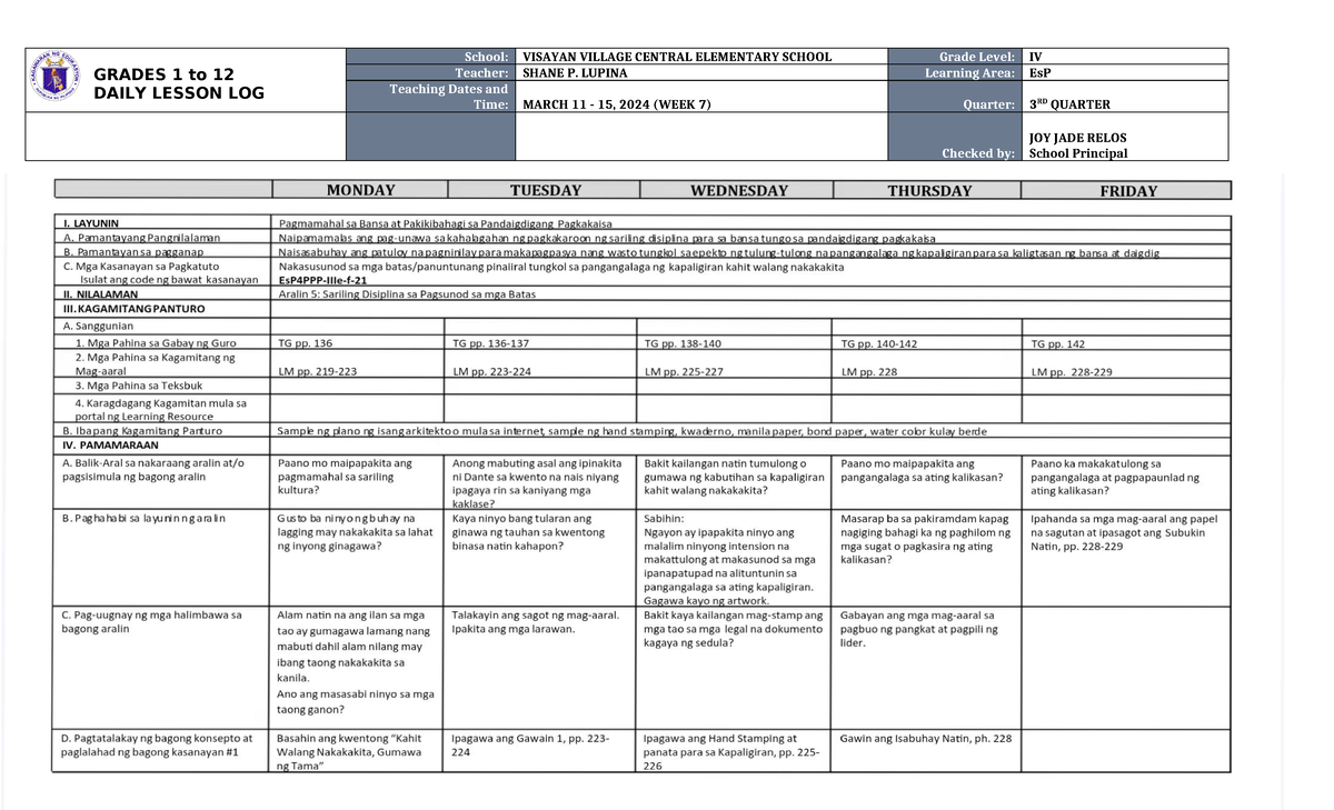 DLL ESP 4 Q3 W7 - detailed lesson log - BS Secondary Education - GRADES ...