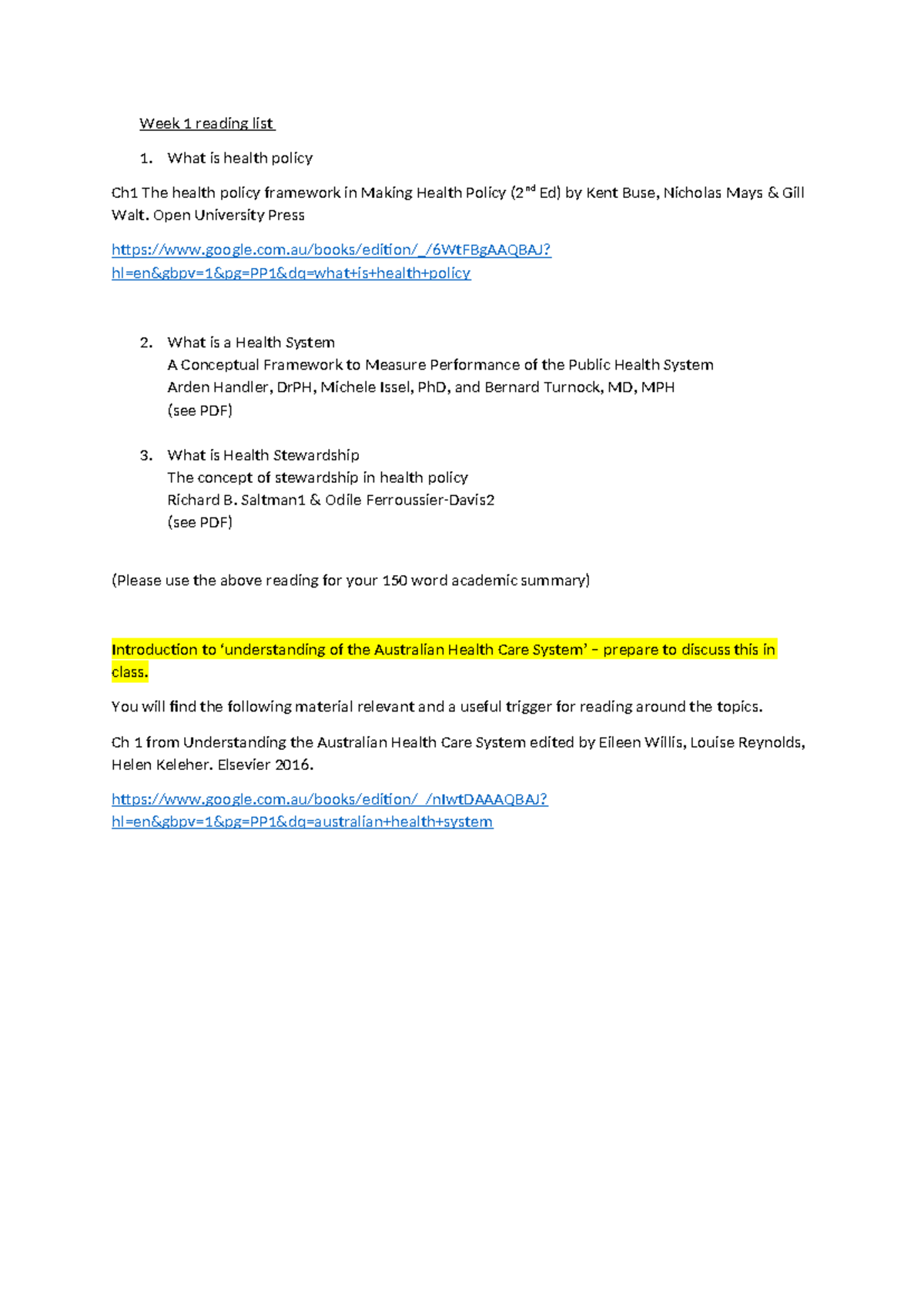 Reading list week 1 - Week 1 reading list What is health policy Ch1 The ...