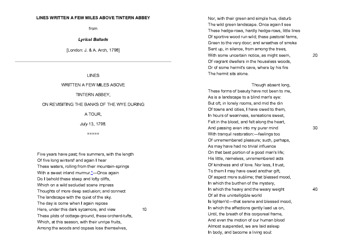 Lines Written A FEW Miles Above Tintern Abbey LINES WRITTEN A FEW