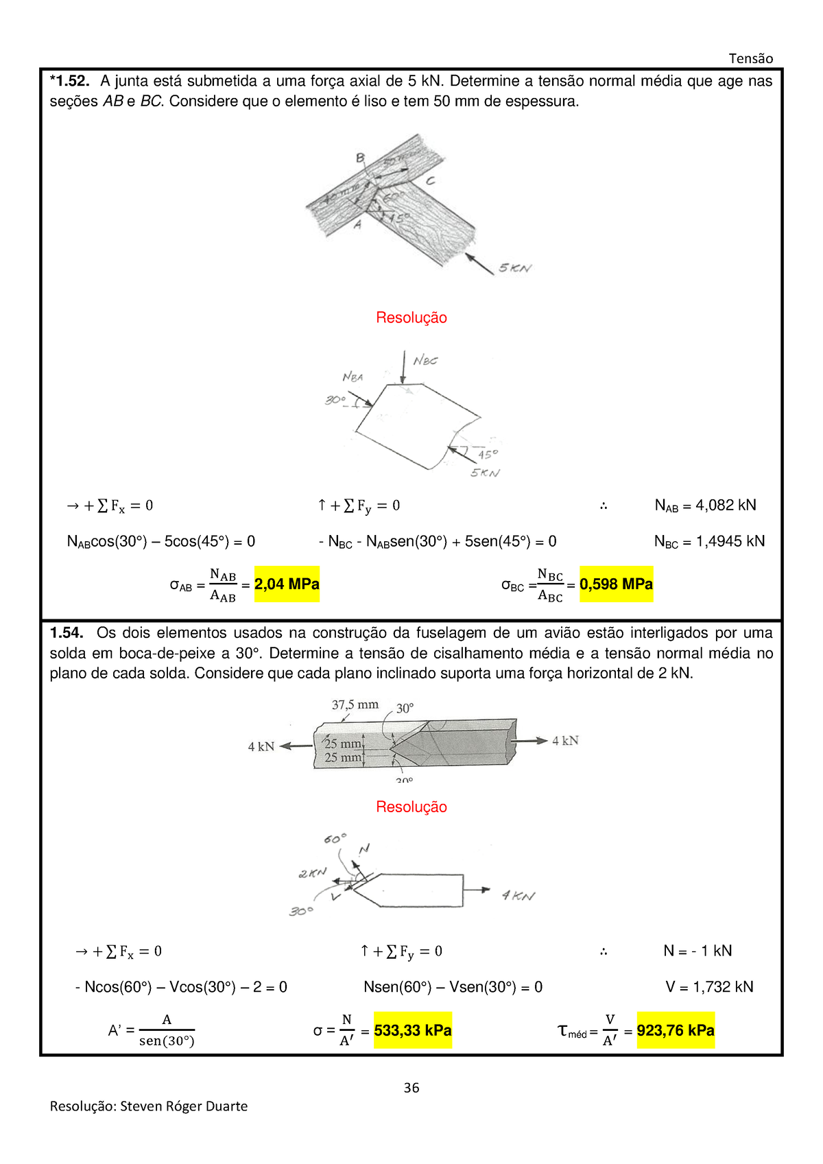 Solucionário Resistência dos Materiais Tensão Resolução Steven Róger Duarte A junta