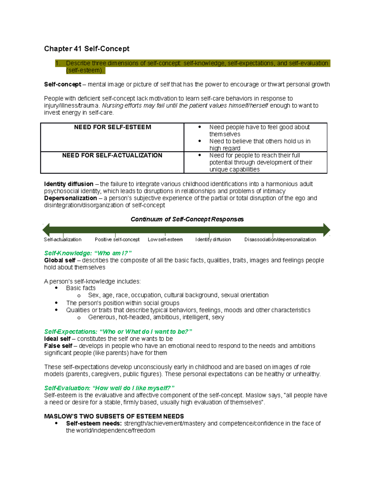 Fundies EXAM 5 - 2019 year - Chapter 41 Self-Concept Describe three ...