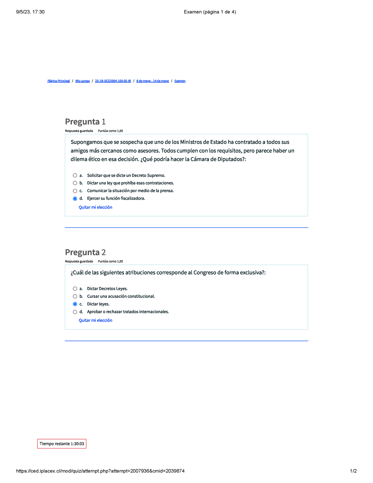 Examen Derecho Constitucional - Ced.iplacex/mod/quiz/attempt.php ...