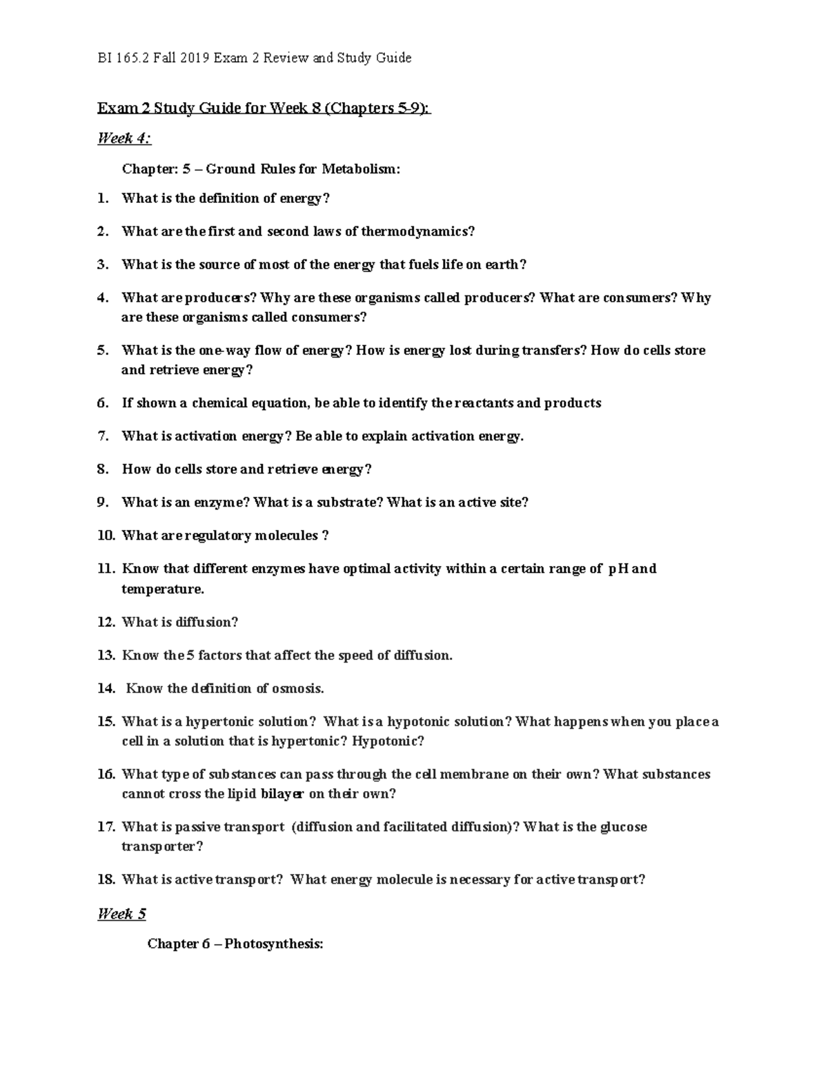 Exam 2 Study Guide 123 - Exam 2 Study Guide for Week 8 (Chapters 5-9 ...