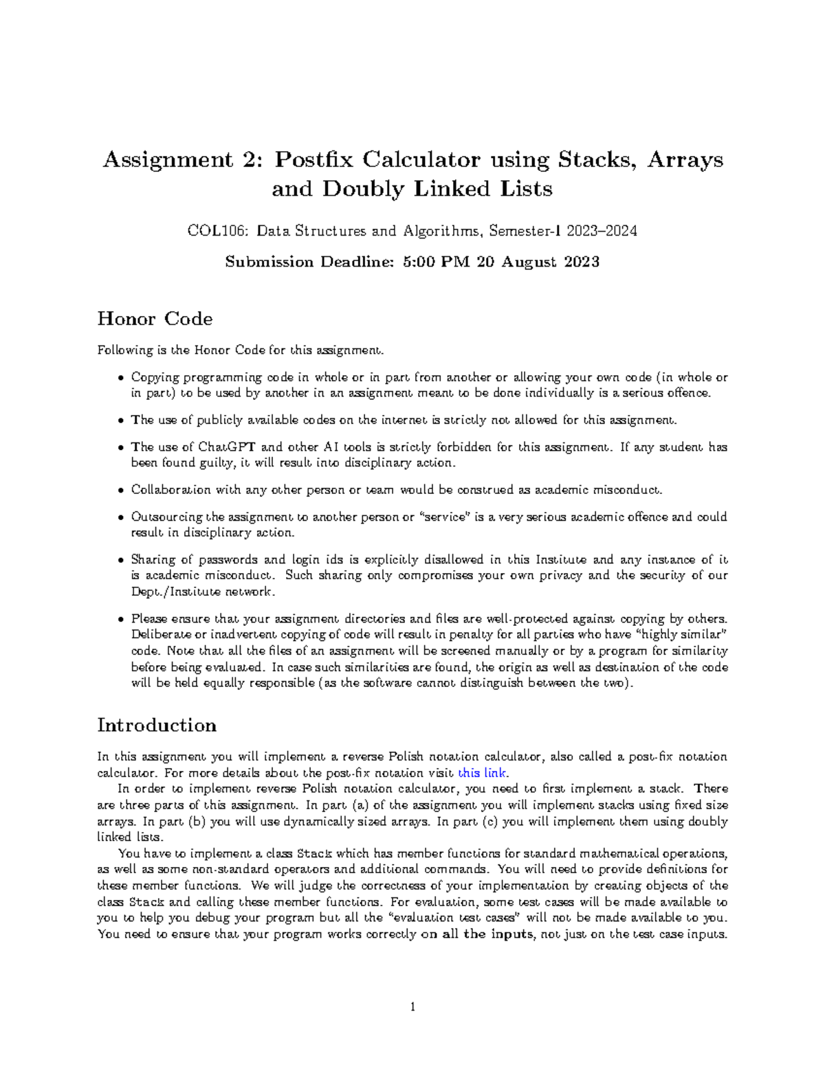 COL106A2 Assignment 2 Postfix Calculator using Stacks, Arrays and
