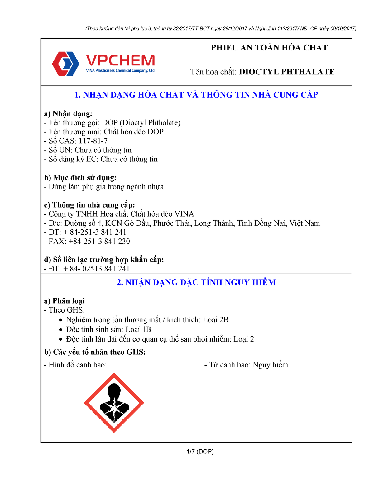 Dop Msds Vpchem Nov2021 Vn PhiẾu An ToÀn HÓa ChẤt Tên Hóa Chất Dioctyl Phthalate 1 NhẬn DẠng 9235