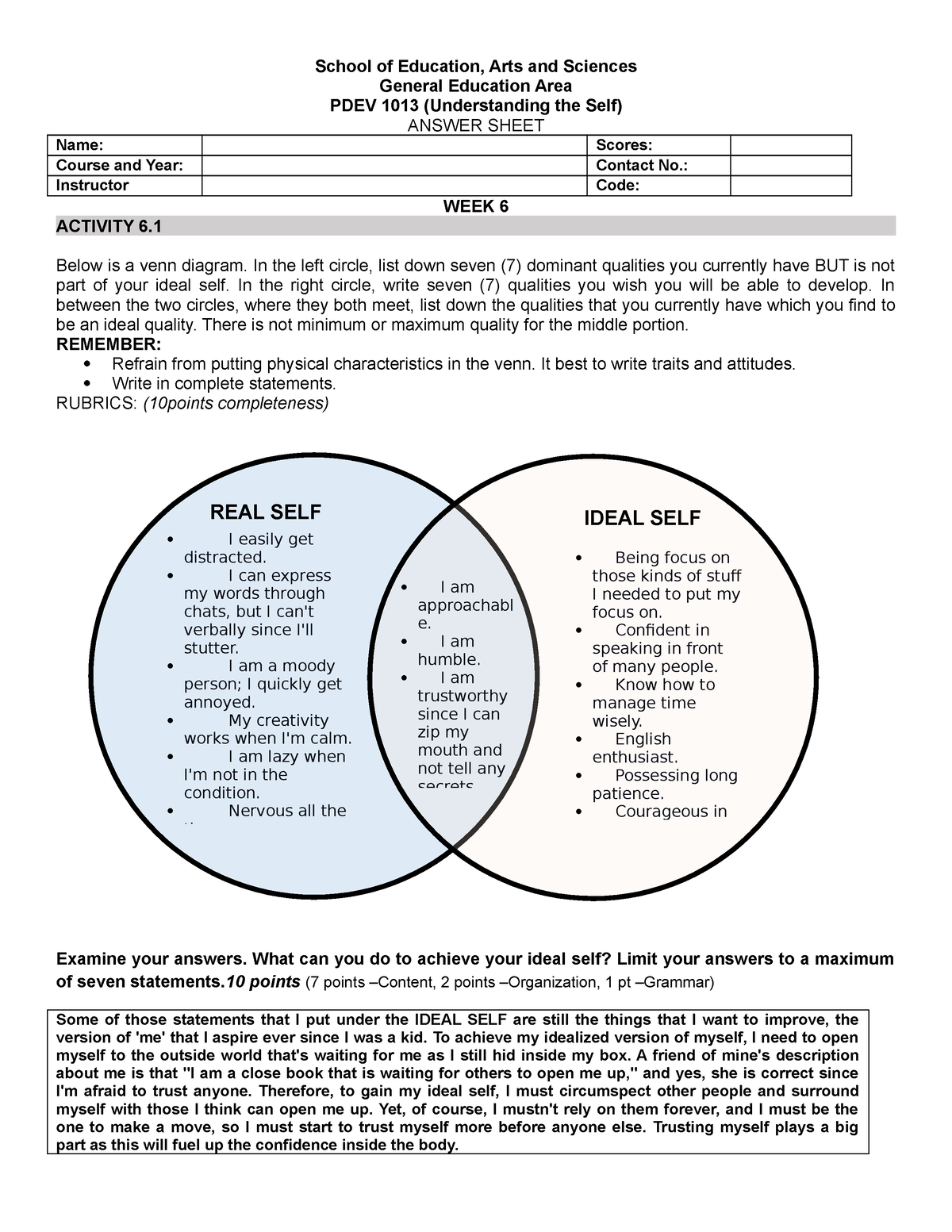 PDEV 1013 Module 3 Worksheet REAL SLEF IDEAL SELF School Of Education 