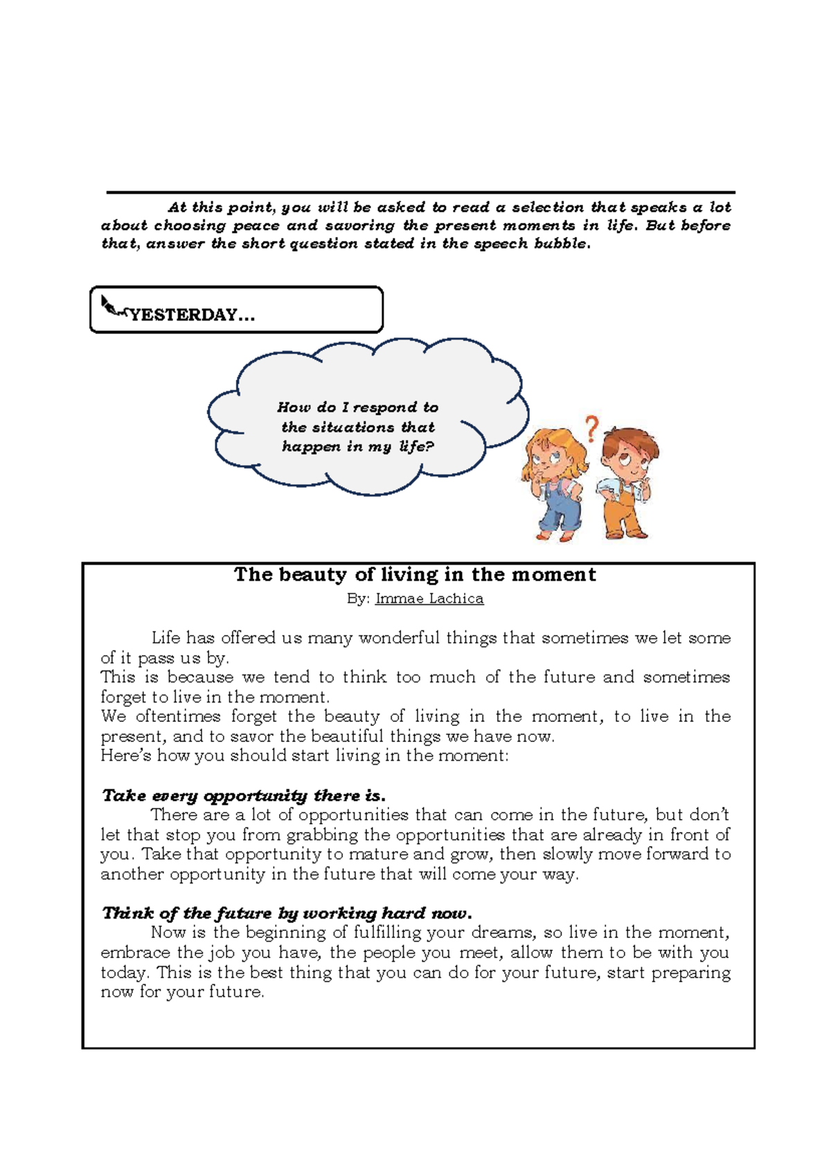 Reading 1 - At this point, you will be asked to read a selection that ...