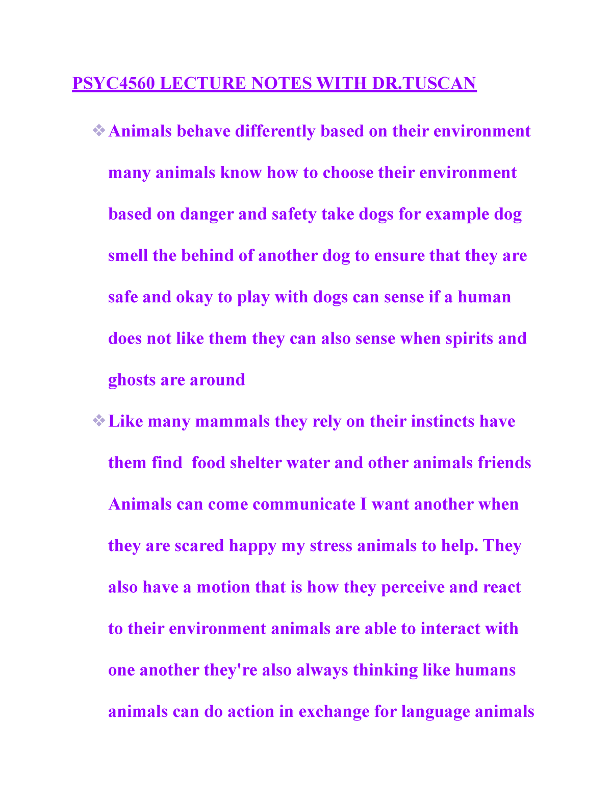 Psyc Of Animal Behavior Notes - PSYC4560 LECTURE NOTES WITH DR Animals ...