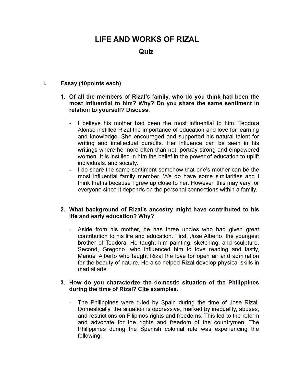 life and works of rizal essay questions