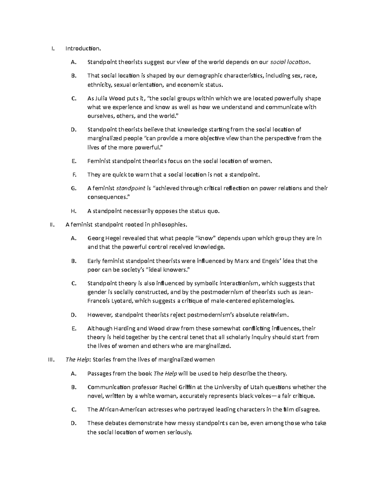 Standpoint theory - Notes - I. II. Introduction. A. Standpoint ...