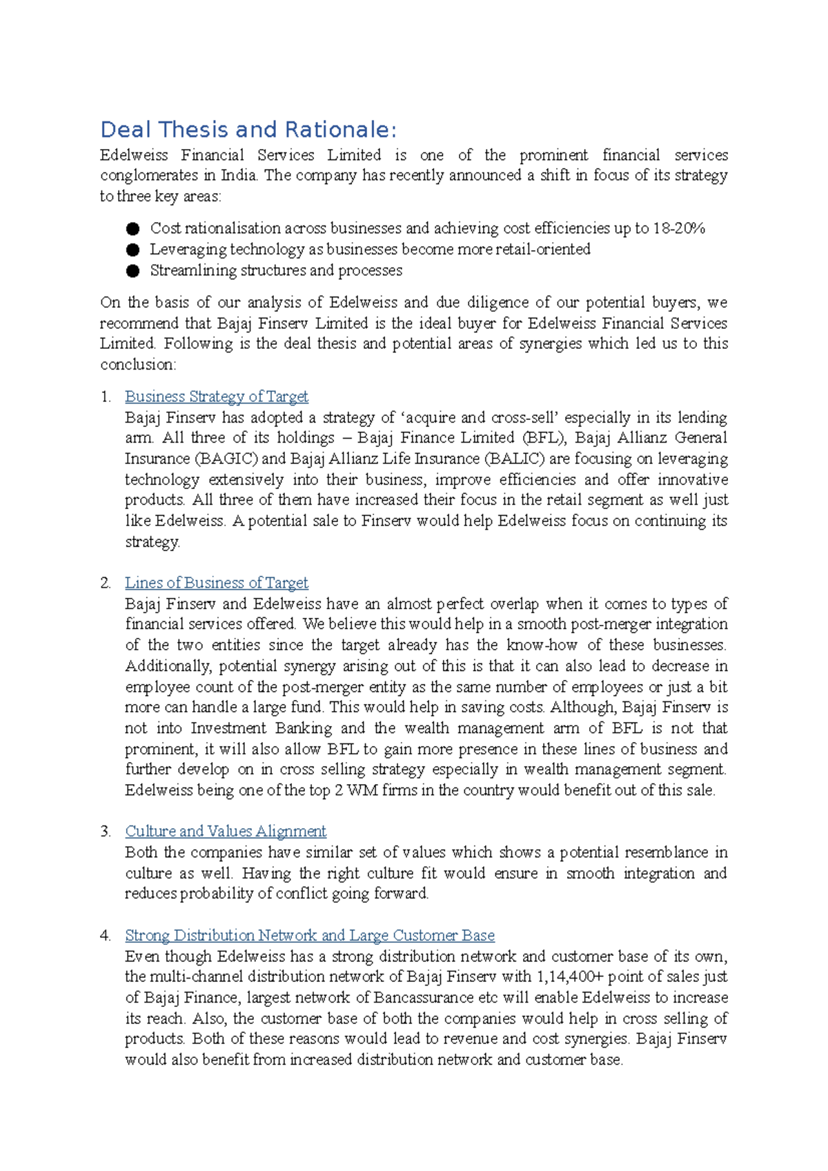 Finance - Report One - Deal Thesis and Rationale: Edelweiss Financial ...
