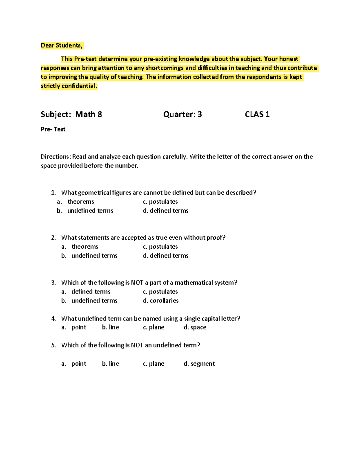 Objective 14 math-8-pre-test for research - Dear Students, This Pre ...