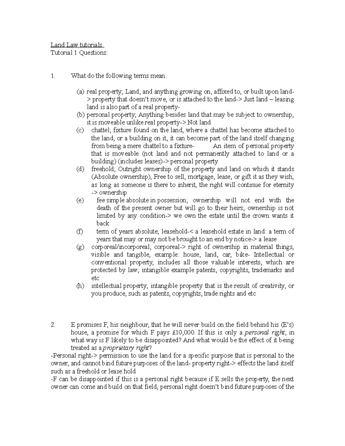 Land law tutorials - Lecture notes 1 - Land Law tutorials Tutorial 1 ...