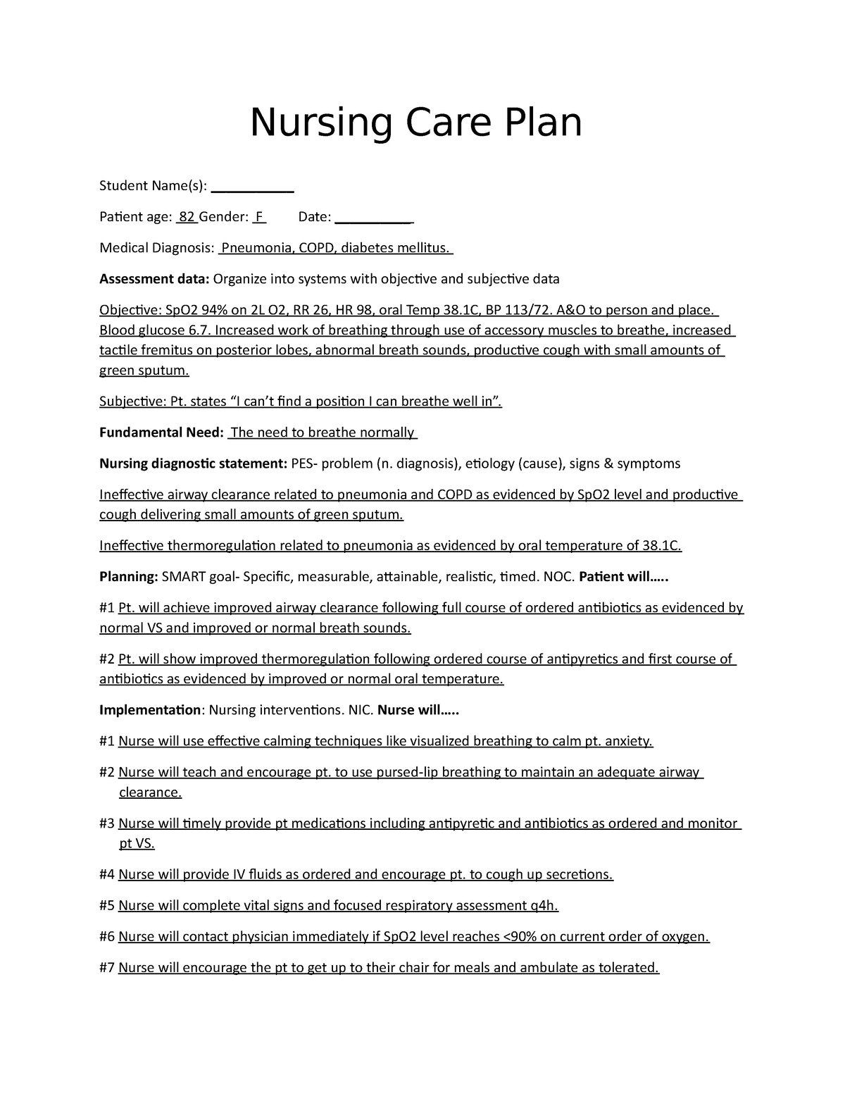 Nursing Care Plan1 - NURS 3505 - Studocu