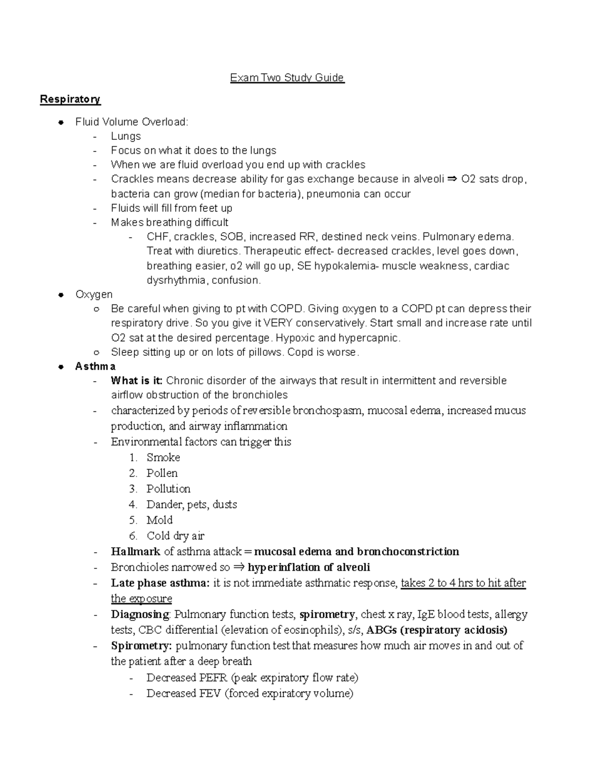 Exam Two Study Guide - Exam Two Study Guide Respiratory Fluid Volume ...