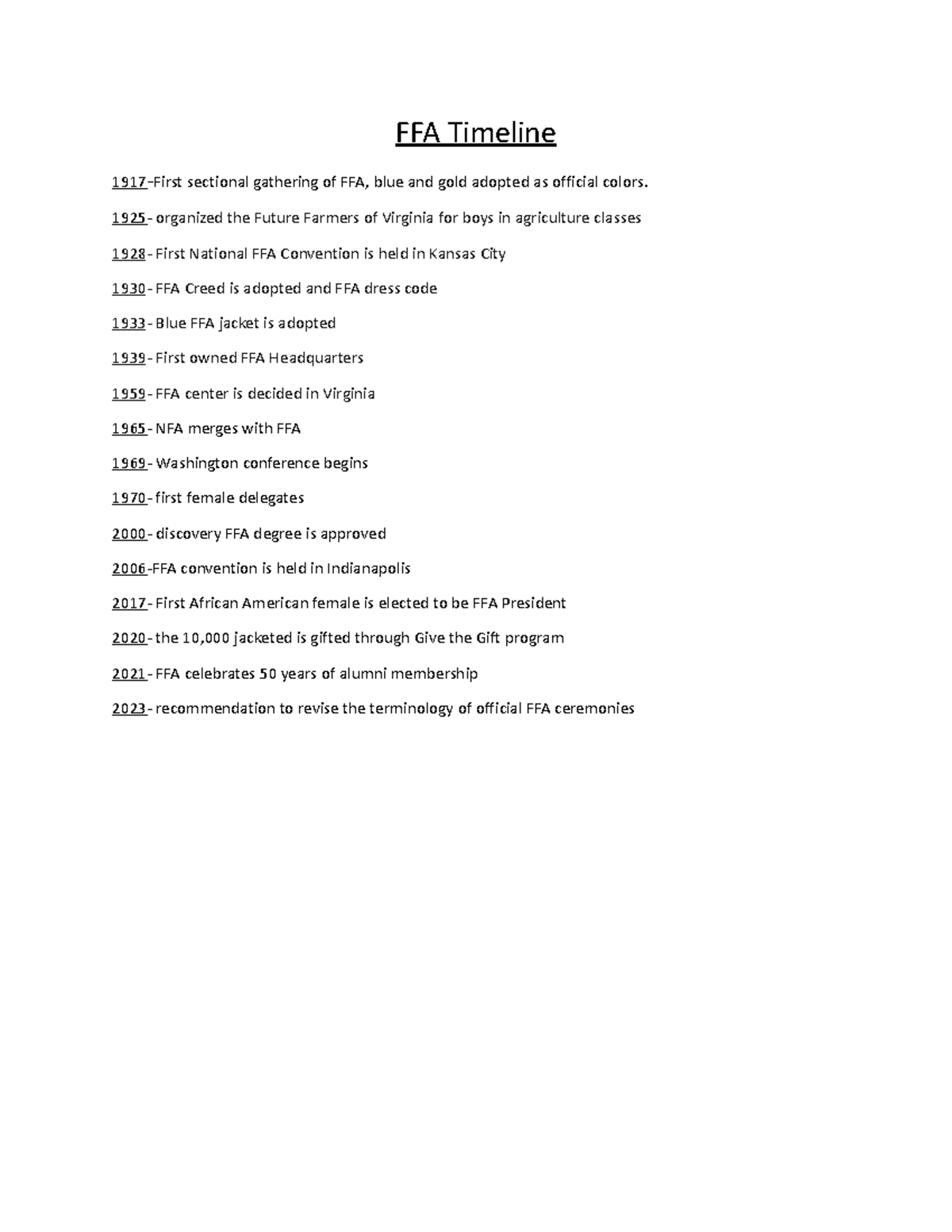 FFA Timeline FFA Timeline 1917 First sectional gathering of FFA