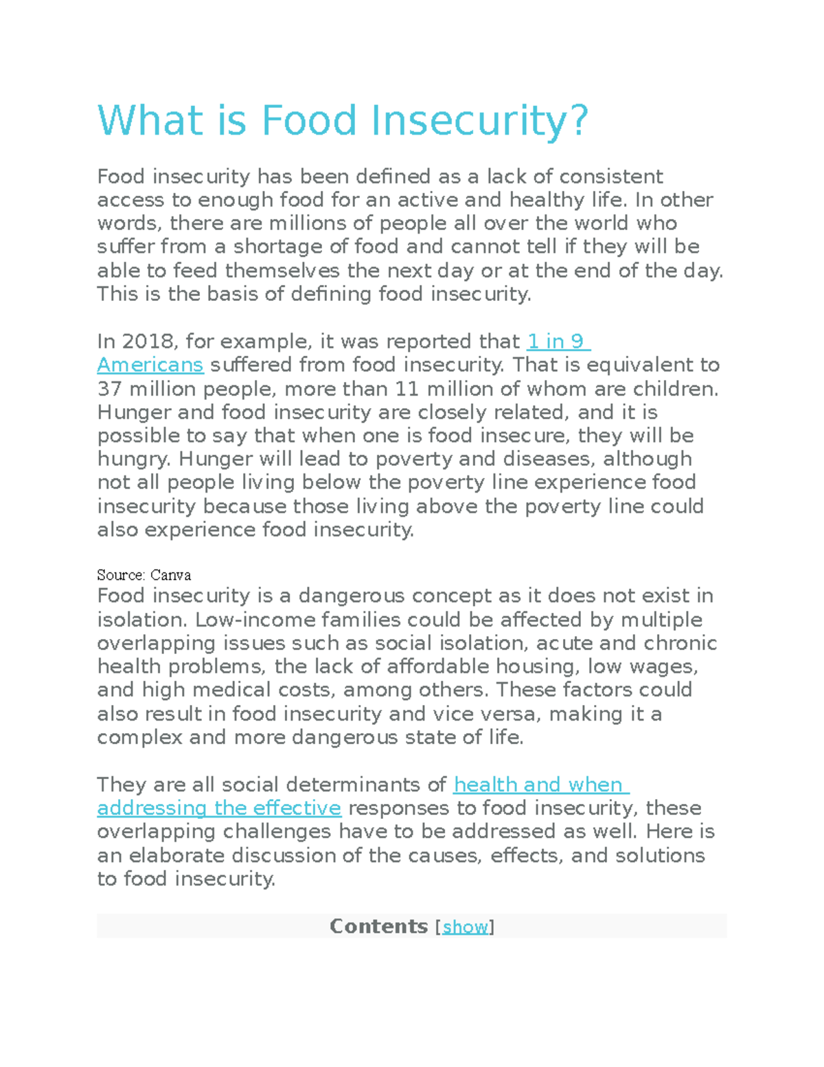 Food Insecurity - What is Food Insecurity? Food insecurity has been ...