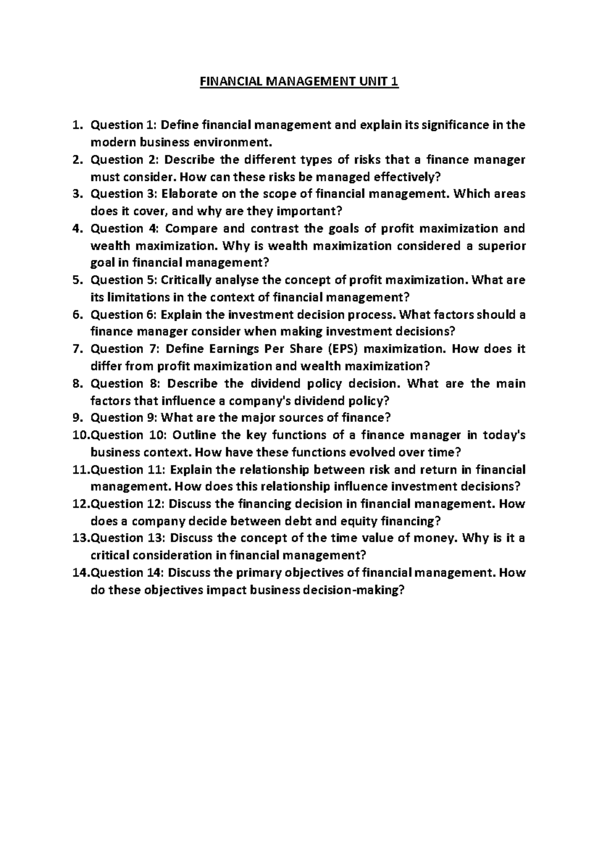 Financial Management UNIT 1 Assignment Question - FINANCIAL MANAGEMENT ...